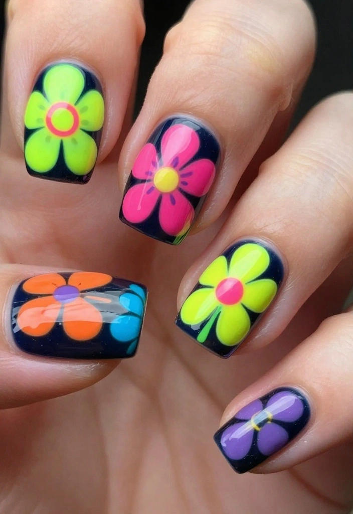 25 Stunning Nail Flower Designs That Will Make You the Center of Attention! - 21. Neon Floral Art 1