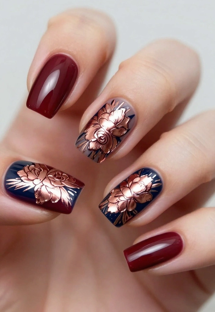 25 Stunning Nail Flower Designs That Will Make You the Center of Attention! - 7. Luxe Rose Gold Blooms 1