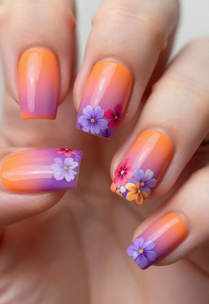 25 Stunning Nail Flower Designs That Will Make You the Center of Attention! - 9. Colorful Floral Ombre 1