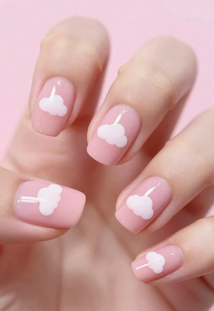 30 Blush Pink Nail Designs That Will Make You Swoon (You Won't Believe #15!) - 30. Blush Pink with Whimsical Clouds 1