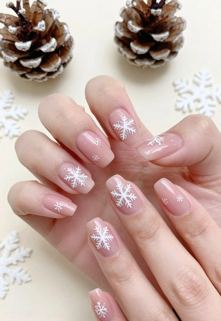 9 Classy Neutral Christmas Nails That Are Totally On Trend This Year! - 6. Blush Pink with Snowflakes 1