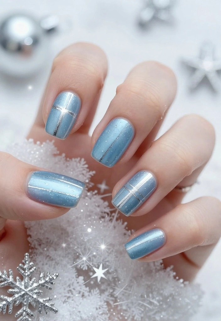 9 Classy Neutral Christmas Nails That Are Totally On Trend This Year! - 9. Icy Blue with Silver Stripes 1