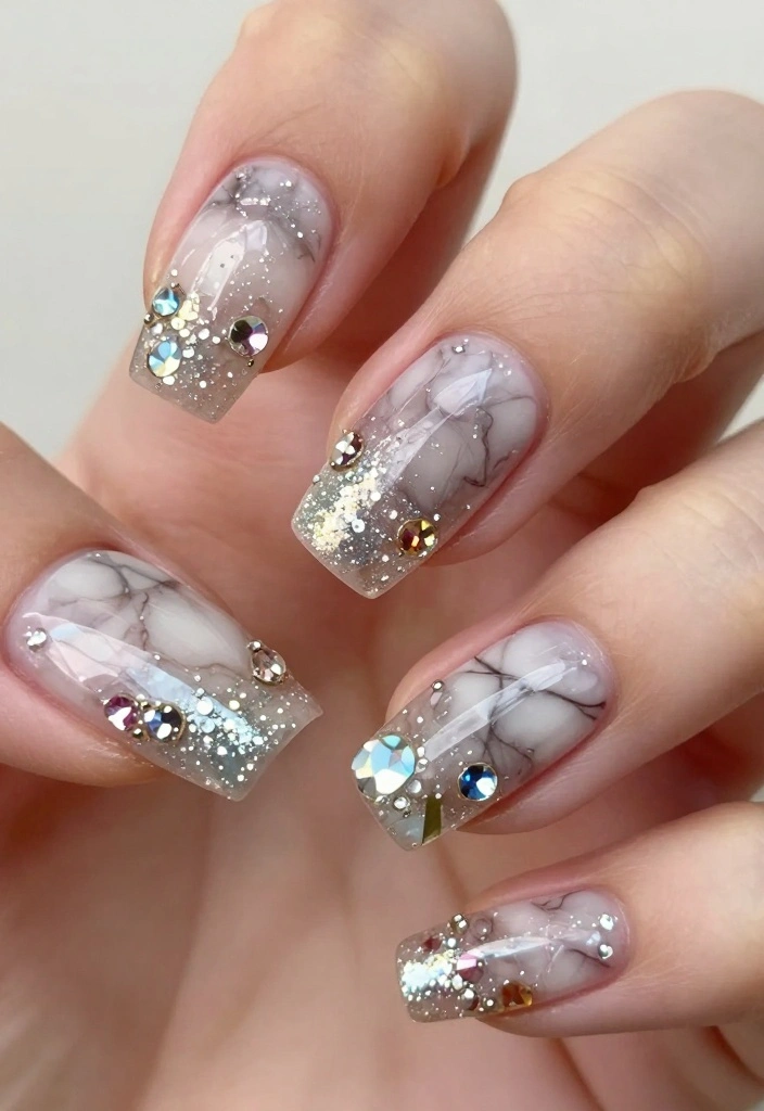 9 Elegant Marble Nail Designs That Will Turn Heads (Discover #2!) - 9. Marble with Gemstone Accents 1