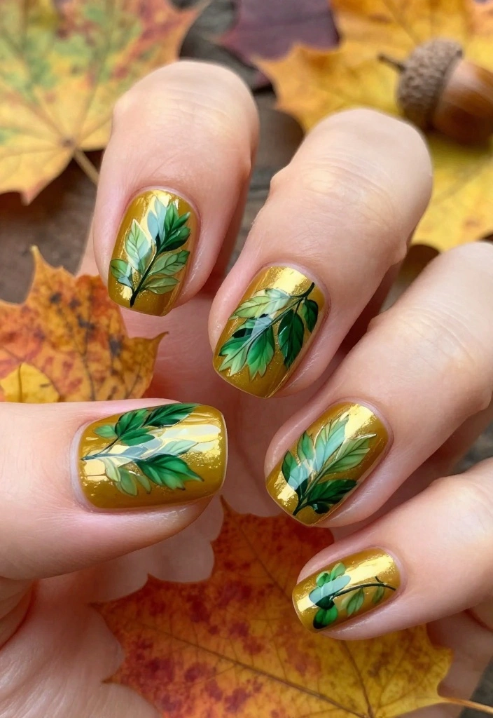 9 Ideas to Perfect Amber Nails for Radiant Fall Glam! - 3. Leafy Nail Art Designs 1