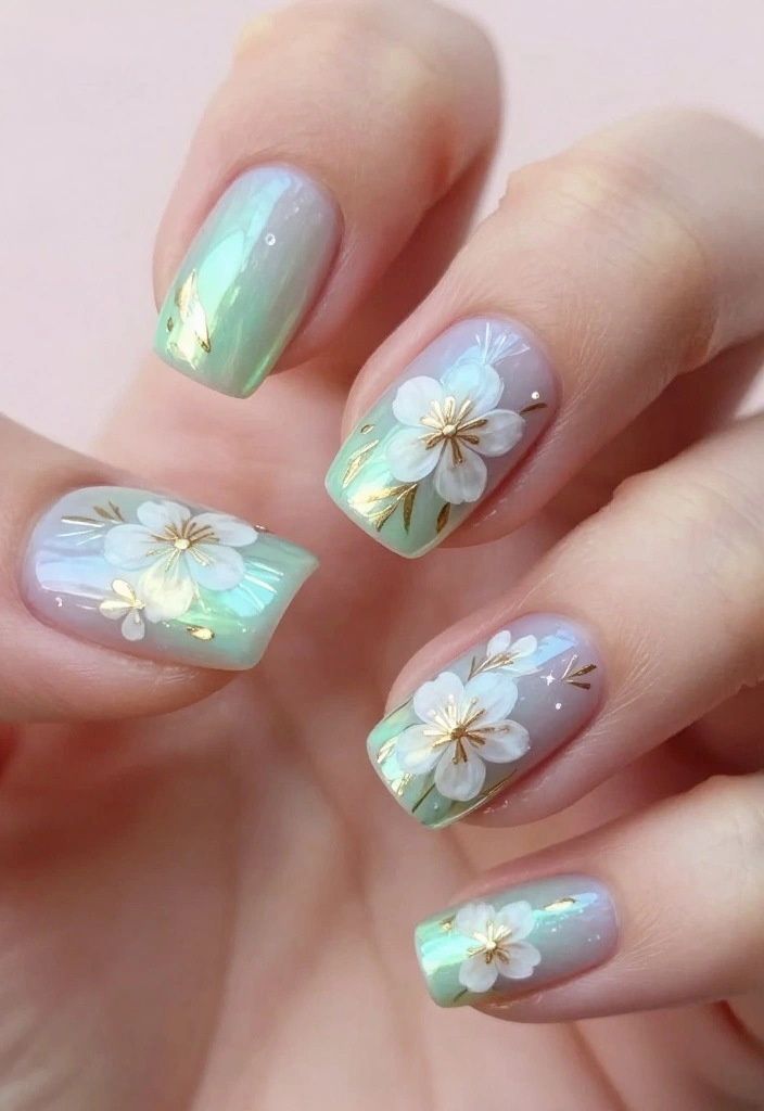 Discover the Hottest Color Palettes with 11 Gorgeous Aurora Nails Styles! - 7. Floral Aurora 1
