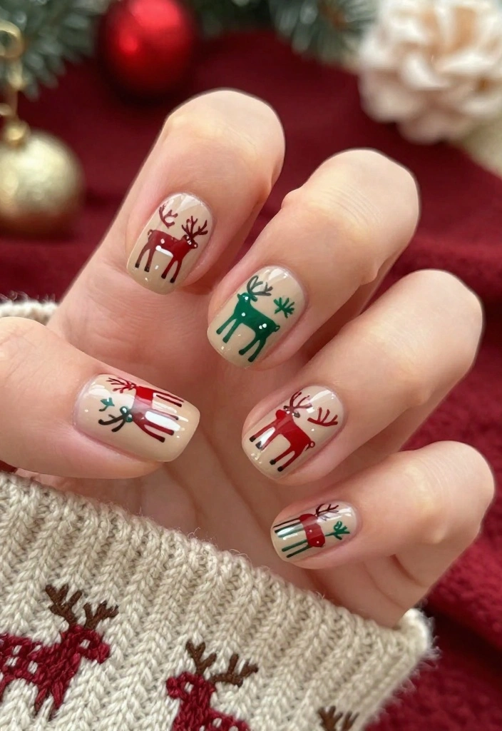 Get Inspired: 20 Reindeer Nails Ideas That Are Too Cute to Resist! - 11. Holiday Sweater Patterns with Reindeer 1