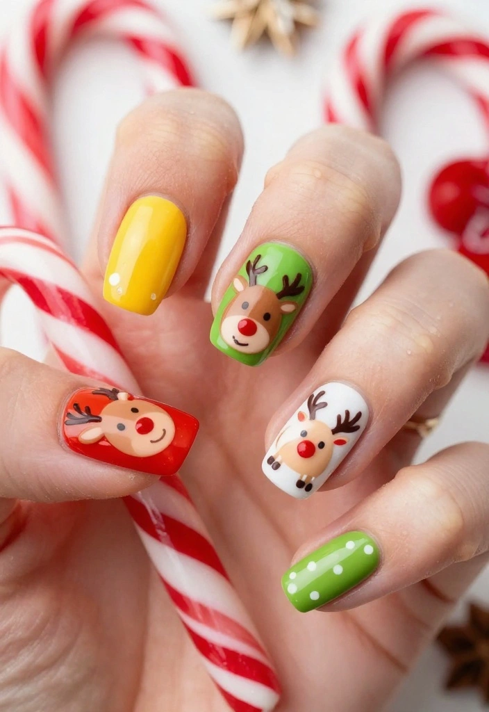 Get Inspired: 20 Reindeer Nails Ideas That Are Too Cute to Resist! - 14. Reindeer and Candy Canes 1