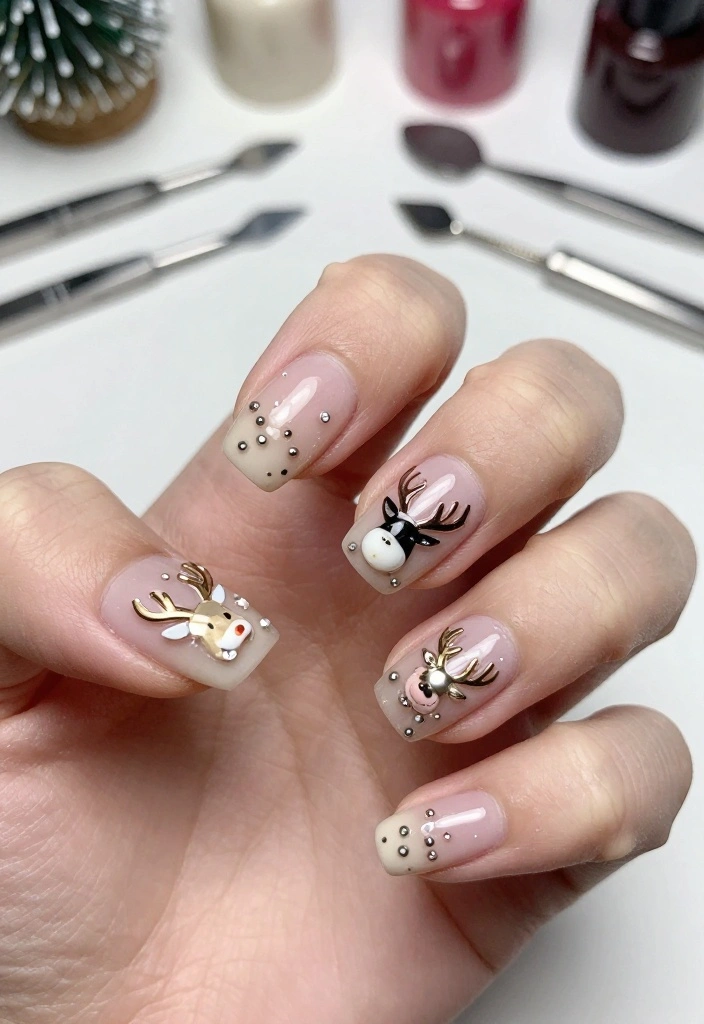 Get Inspired: 20 Reindeer Nails Ideas That Are Too Cute to Resist! - 15. Reindeer Nail Charms 1