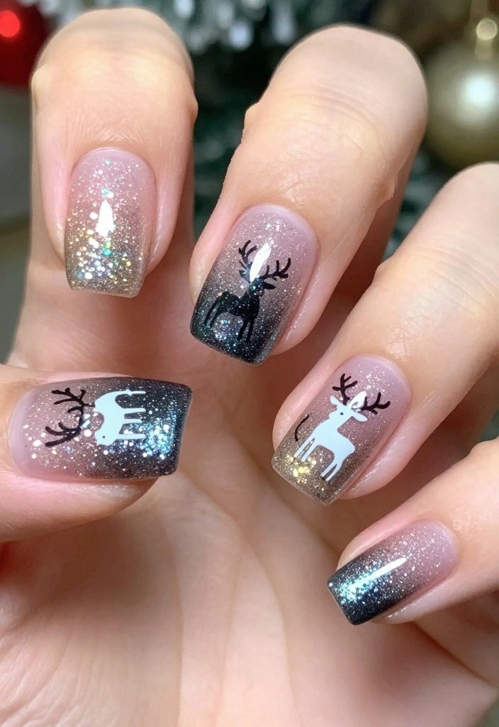 Get Inspired: 20 Reindeer Nails Ideas That Are Too Cute to Resist! - 17. Glitter Gradient Reindeer 1