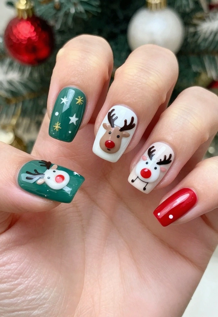 Get Inspired: 20 Reindeer Nails Ideas That Are Too Cute to Resist! - 19. Mixed Reindeer Nail Art 1