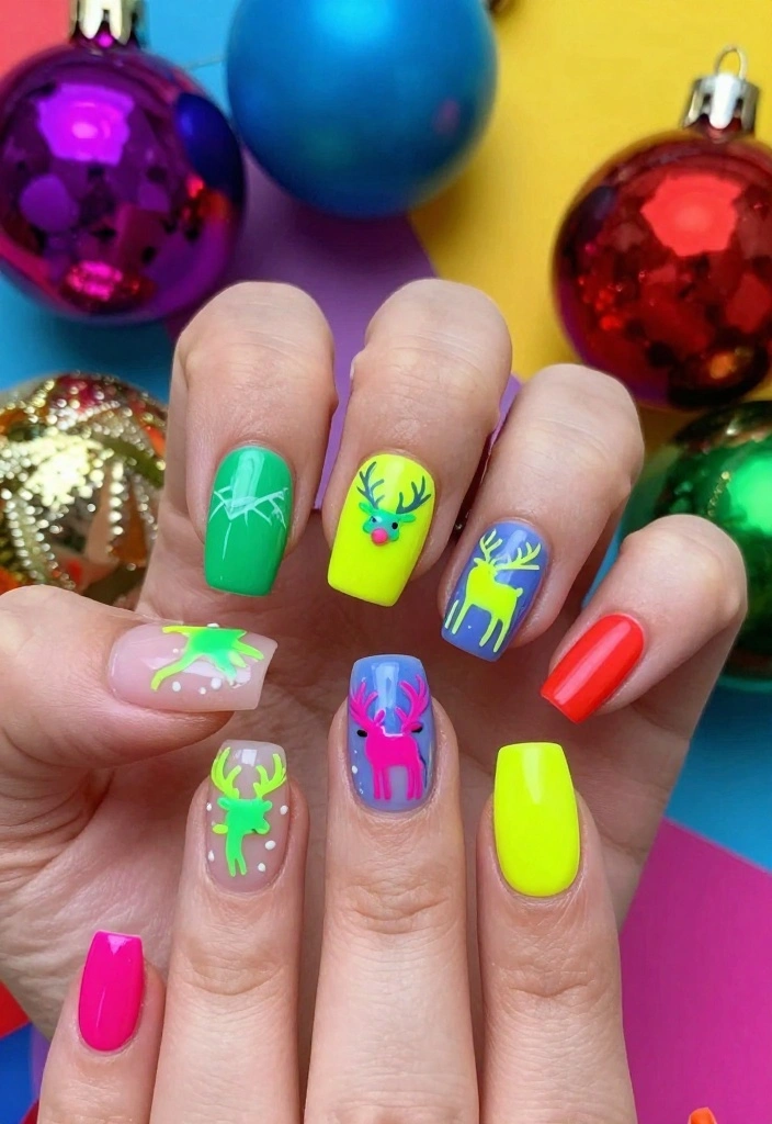 Get Inspired: 20 Reindeer Nails Ideas That Are Too Cute to Resist! - 20. Neon Reindeer Fun 1