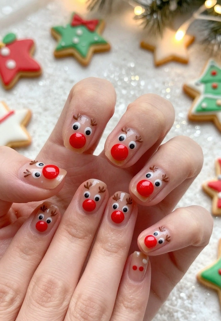Get Inspired: 20 Reindeer Nails Ideas That Are Too Cute to Resist! - 4. Cute Reindeer Faces 1