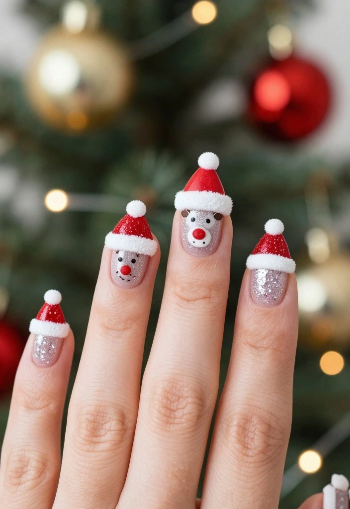 Get Inspired: 20 Reindeer Nails Ideas That Are Too Cute to Resist! - 7. Reindeer in Christmas Hats 1
