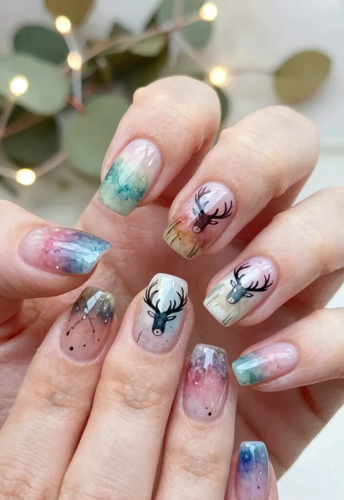 Get Inspired: 20 Reindeer Nails Ideas That Are Too Cute to Resist! - 9. Watercolor Reindeer Art 1
