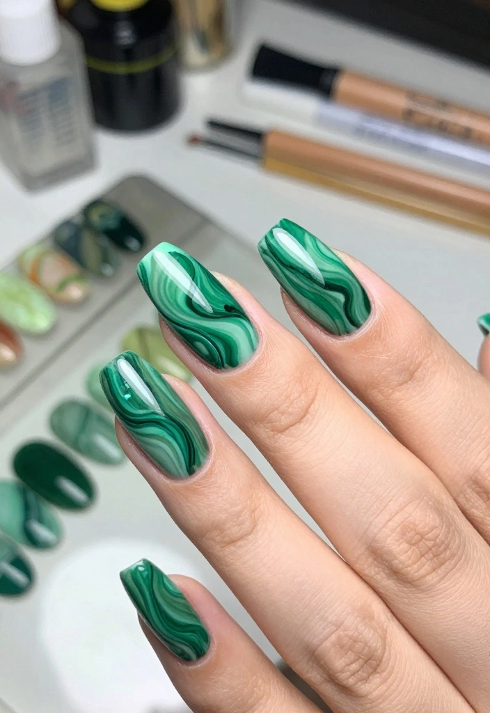 Master the Art: 10 Inspirations for Perfecting Your Green Acrylic Nails at Home! - 4. Green Marble Effect 1