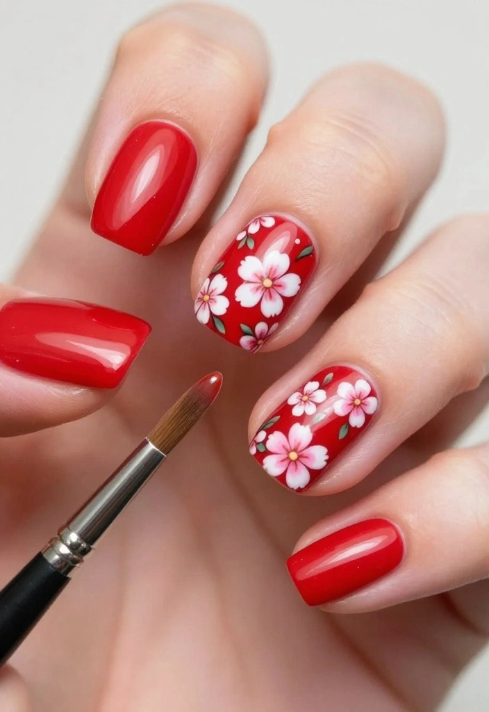 Stand Out with These 9 Unique Red Nail Patterns for Short Nails! - 3. Floral Designs 1