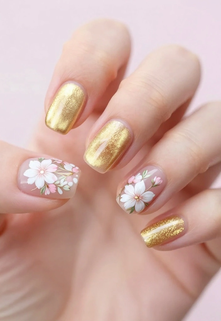 Transform Your Look with These 8 Breathtaking Gold Cat Eye Nail Designs! - 4. Floral Gold Cat Eye 1