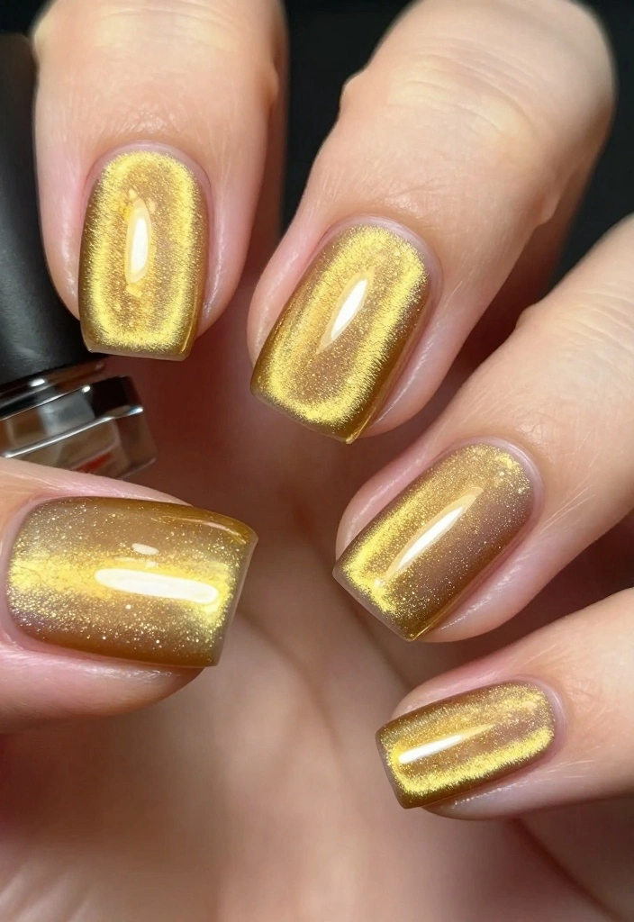 Transform Your Look with These 8 Breathtaking Gold Cat Eye Nail Designs! - 8. Metallic Gold Cat Eye 1