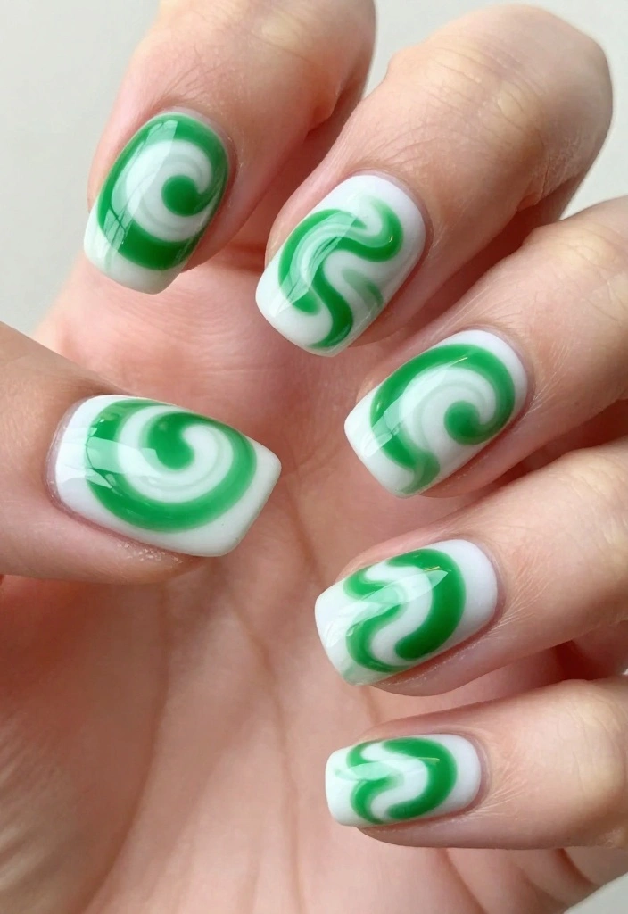 Unlock the Secret to Gorgeous Green Spring Nails with These 12 Designs! - 10. Green and White Swirls 1