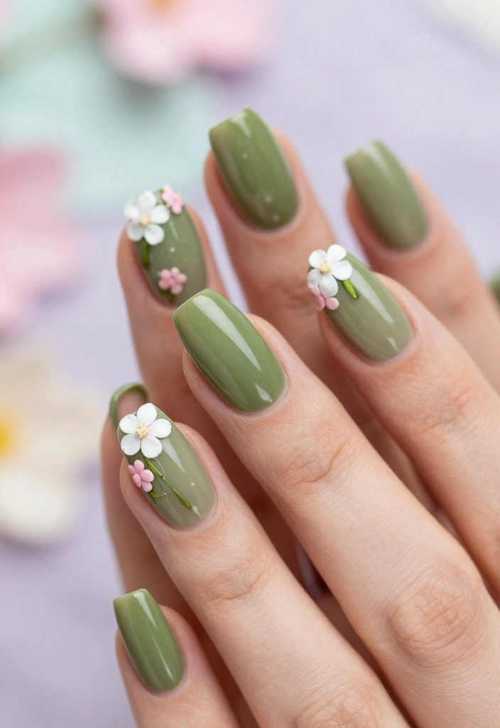 Unlock the Secret to Gorgeous Green Spring Nails with These 12 Designs! - 3. Olive Green with Floral French Tips 1