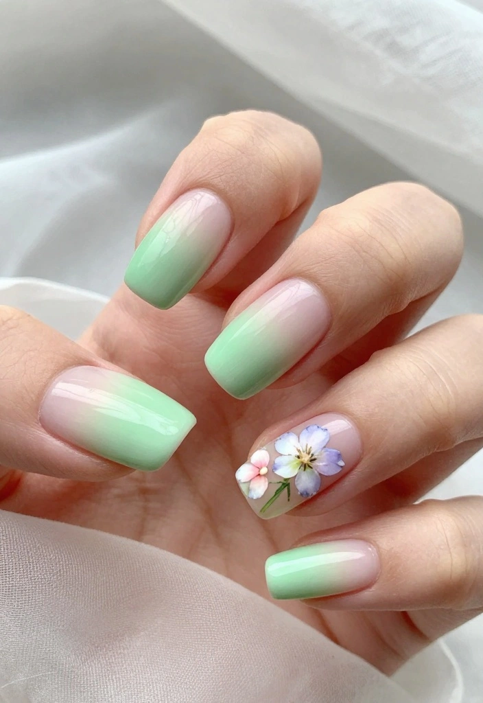 Unlock the Secret to Gorgeous Green Spring Nails with These 12 Designs! - 4. Light Green Ombre with Watercolor Flowers 1